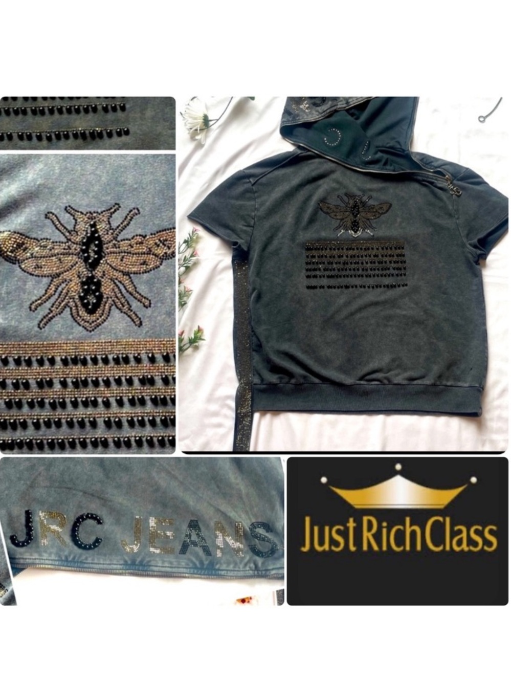 Just Rich Class JRC Black Short Sleeve Hoodie Embellished Bee Luxe Large NWOT